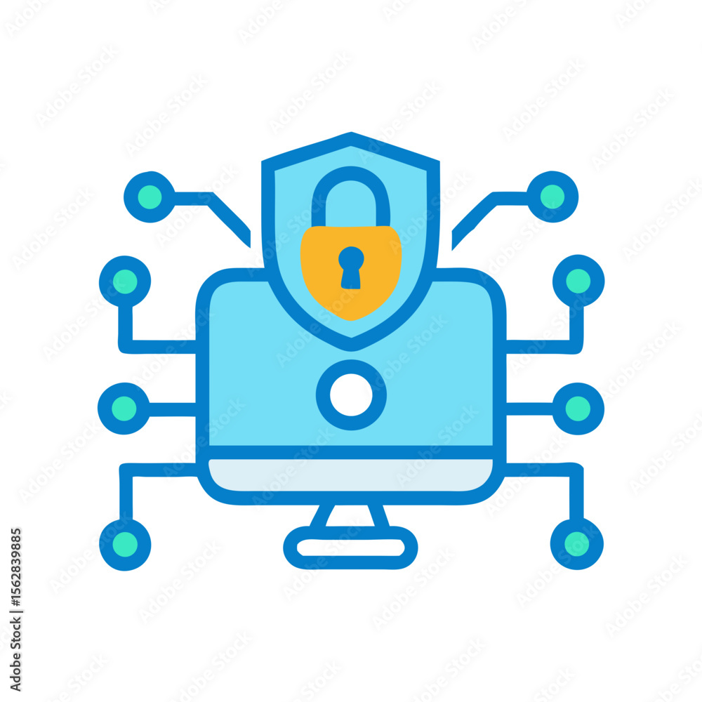 Poster stylized illustration of computer with security shield and padlock