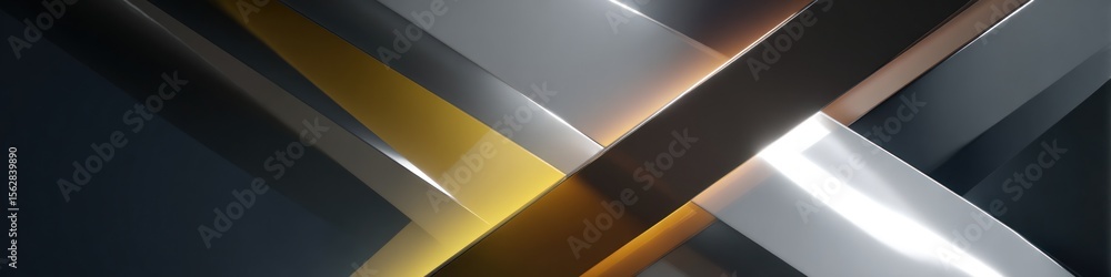 Poster abstract metallic shapes in silver gold and black overlapping to form a geometric pattern design