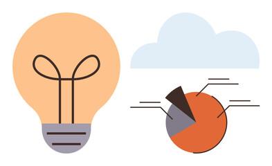 Lightbulb symbolizing ideas, cloud representing storage, and pie chart for data analysis. Ideal for innovation, brainstorming, technology, analytics, cloud computing education and strategy. Simple