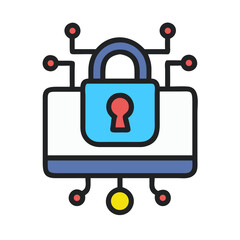 Secured computer icon with network connections flat design style