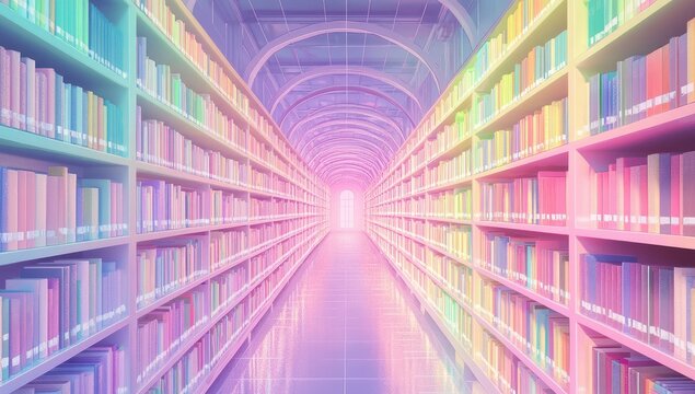 Pastel-toned library hallway, filled with books