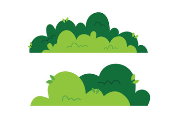 Two stylized, green, cartoonish bushes with varying shades and leaves.