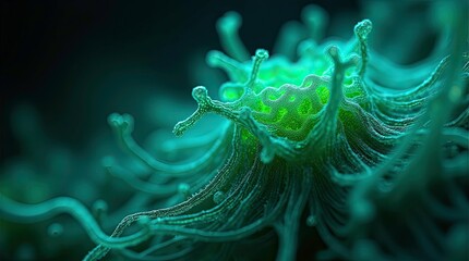 Highly detailed microscopic view of a green microorganism 