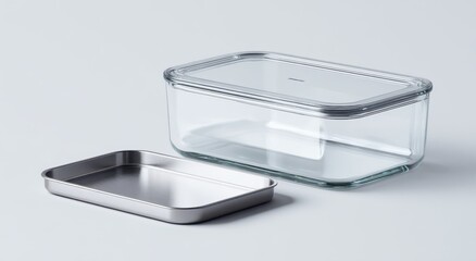 Rectangular glass food storage container with a separate stainless steel tray; minimalist design on a light background