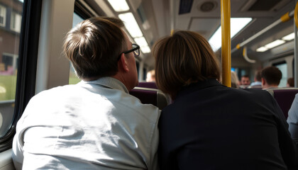 Back View of Two People Traveling on Public Transport, Looking Out Window on an Urban Journey