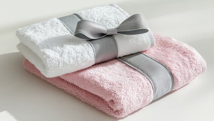 Two soft, folded bath towels, one white and one pink, are stacked neatly.  A gray ribbon with a bow decorates the top