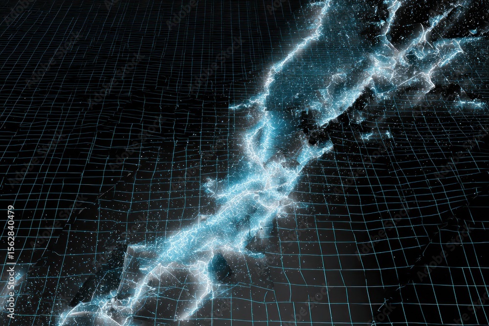 Poster a glowing blue crack bisects a dark grid surface creating a futuristic and dynamic visual effect