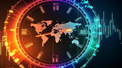 Colorful clock design with world map and digital elements illustrating global time zones and trends - Powered by Adobe