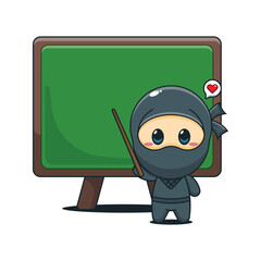 Cute ninja with blackboard cartoon vector illustration