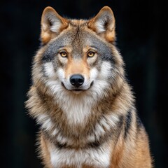 Fototapeta premium Fierce alpha wolf staring intently at the camera with an intense gaze against a solid black background