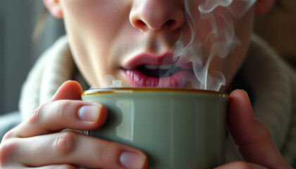 Person Blowing Steam from Hot Beverage in Green Mug, Close Up of Lips