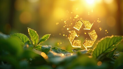 Golden glitter recycling symbol above green leaves in morning sunlight