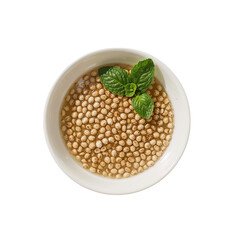 A refreshing bowl of puffed sorghum cereal in liquid, garnished with fresh mint leaves, offers a simple, healthy food concept against a solid transparent background.