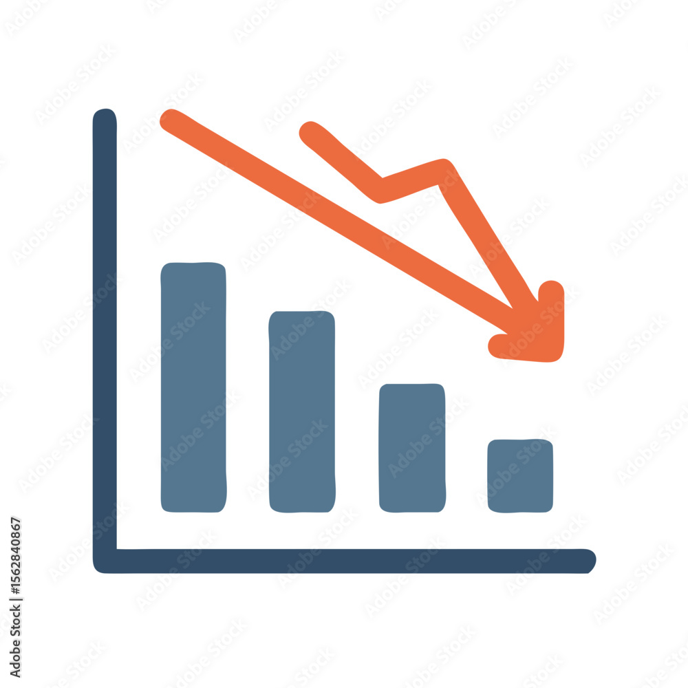 Poster Declining bar graph with falling arrow on black background