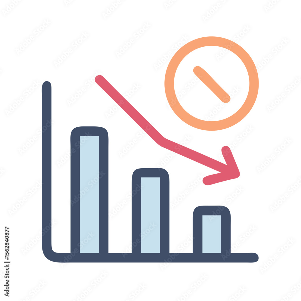 Poster declining bar graph with downward arrow and forbidden symbol