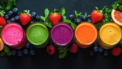 Colorful smoothies arranged on a dark surface, adorned with fresh fruits and herbs