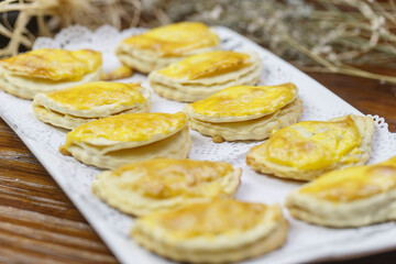 Delicious durian pastry in a rectangular white porcelain plate