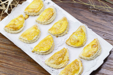 Delicious durian pastry in a rectangular white porcelain plate