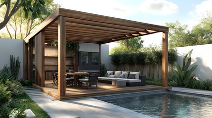 Outdoor pergola with dining area and pool