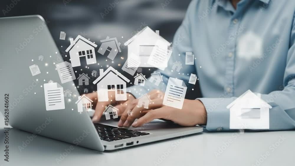 Poster person typing on a laptop with house and document icons floating around the device screen display