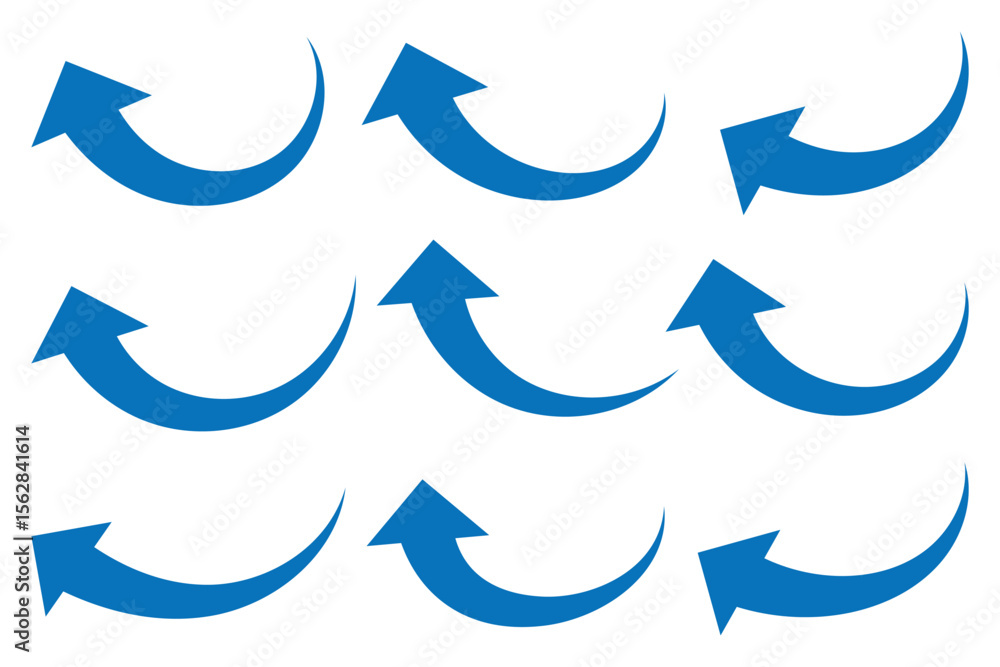 Poster blue curve arrow icon set. curved or arch arrow icon isolated. hand drawn arrow vector icons set. mo