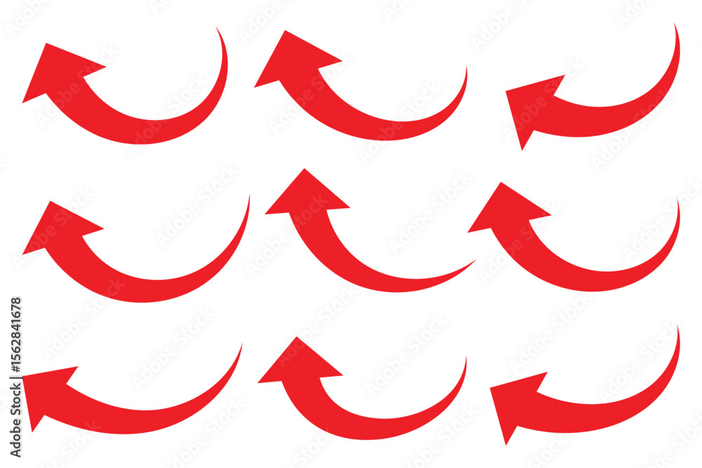 Poster long curved arrow vector. red arrow curve direction vector. hand drawn arrow collection. bold arrow 
