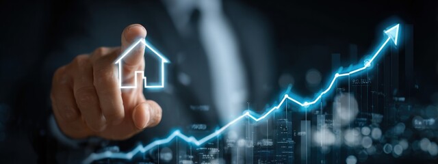 Hand pointing at a house icon over a rising graph
