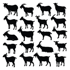 Various goat silhouettes showcase different poses and horn shapes, offering versatile design elements for rustic themes.