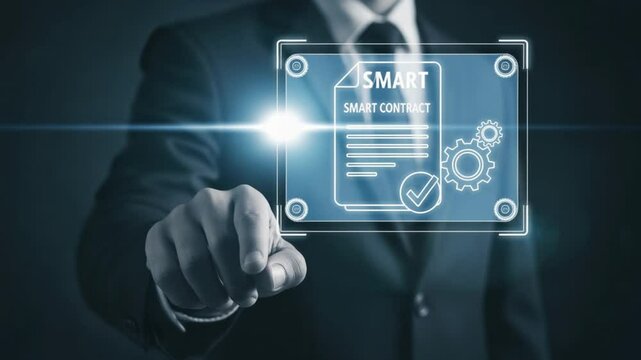 Man in suit interacting with holographic smart contract interface with gears and checkmark icon