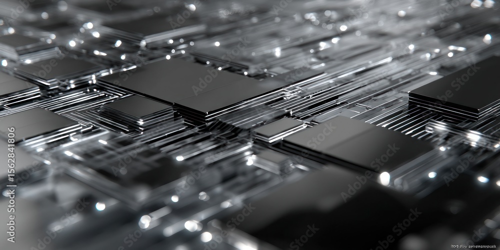Aufkleber a close up shot of a complex circuit board with reflective surfaces and intricate patterns in silver
