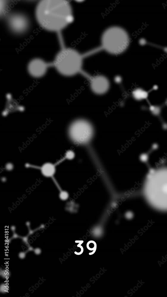 Poster digital animation of increasing numbers over molecular structures floating against black background