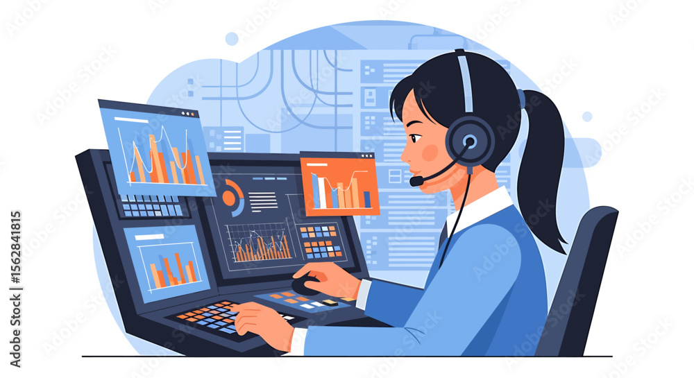 Poster analyst working with data visualizations on multiple computer screens, wearing headset.