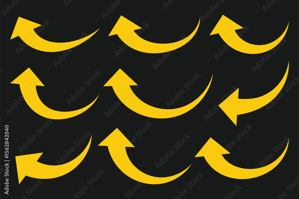 Poster yellow arrow curve direction vector. curved arrows set. curved or arch arrow icon isolated. arrow sy