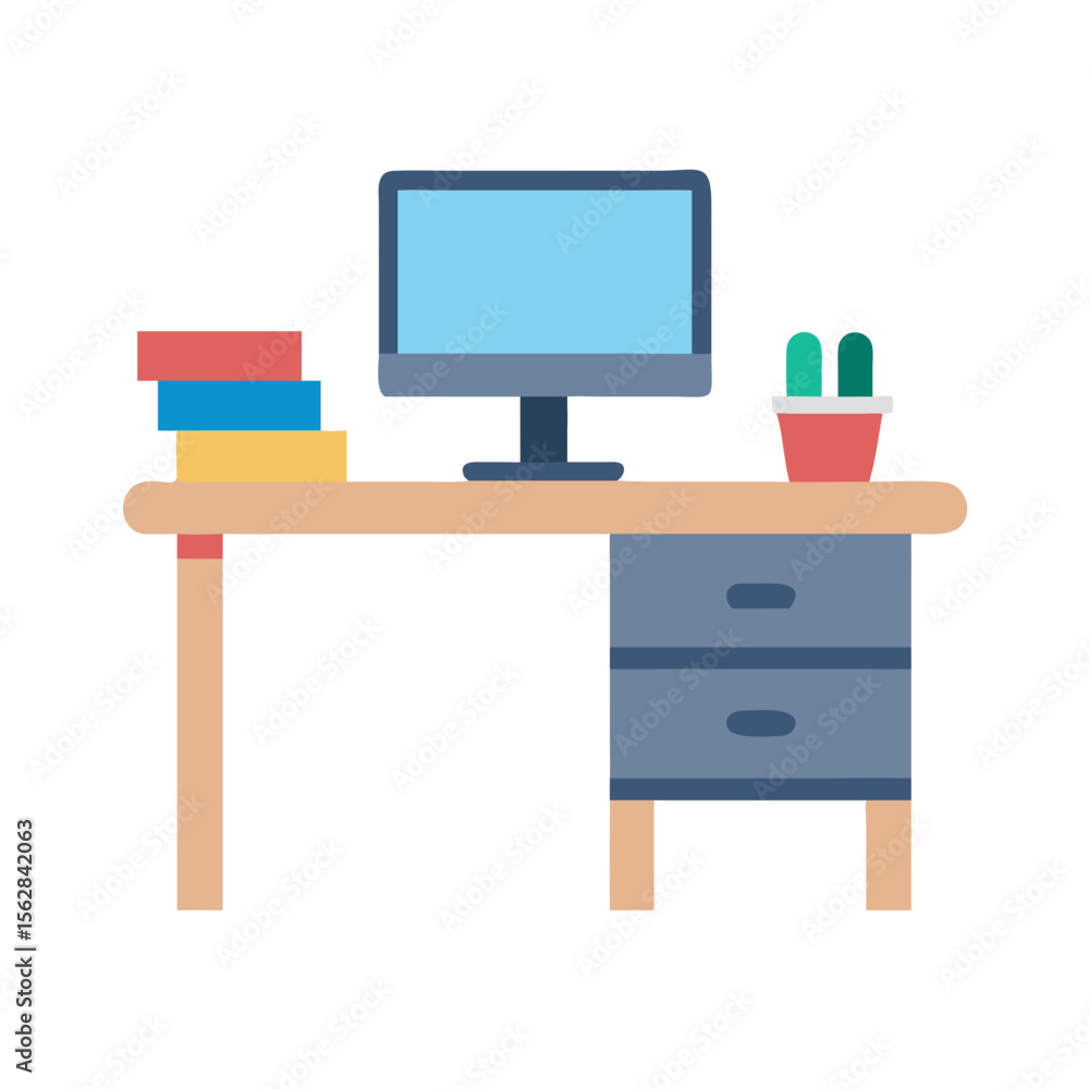 Poster flat vector illustration of workspace with desk and computer