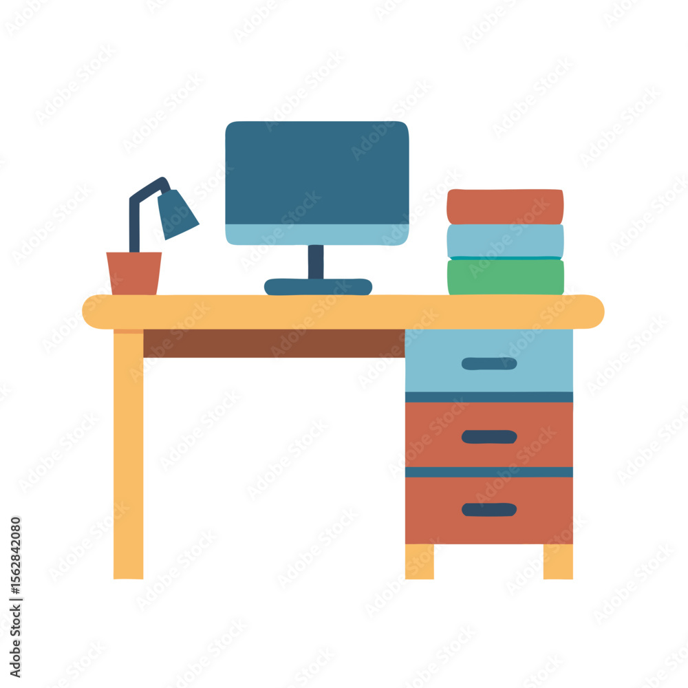 Poster work desk illustration with computer stack of books lamp