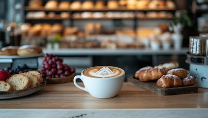 Latte art coffee cup on a wooden counter, with pastries and fruit. Blurred background of a bakery