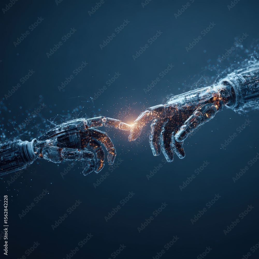Poster two robotic hands, composed of glowing particles, almost touch, creating a spark of energy against a