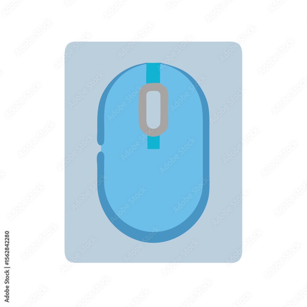 Poster stylized blue computer mouse graphic with simple shapes and colors