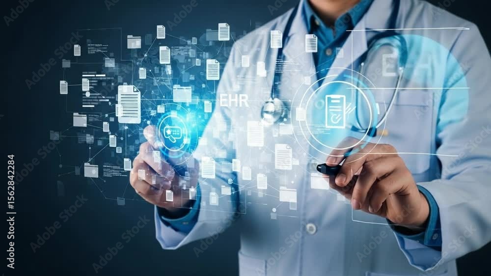 Poster doctor in lab coat interacting with digital medical records interface and data visualization system