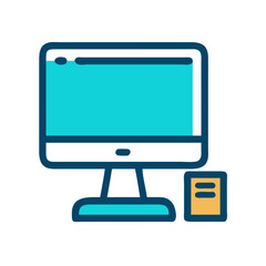 Stylized turquoise desktop computer icon with golden server tower