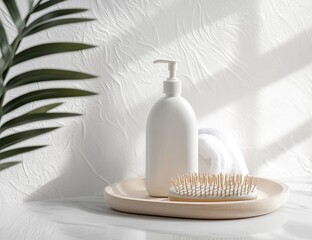 White bottle, towel, brush on light beige tray.  Palm leaf in corner