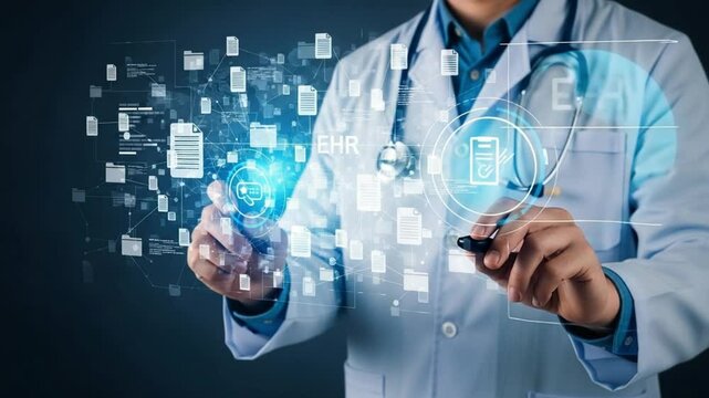 Doctor in lab coat interacting with digital medical records interface and data visualization system