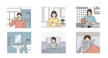 Daily routine illustration: brushing teeth, drinking coffee, making coffee, bathroom, tablet, newspaper