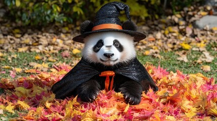 Panda cub in Halloween costume amidst autumn leaves