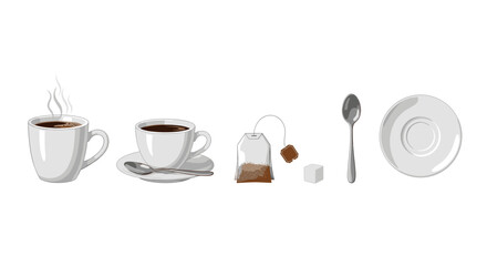 Illustration showing two cups of coffee, a tea bag, sugar cube, spoon, and a white saucer neatly arranged