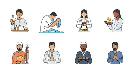 Diverse religious practices depicted through illustrations of people and rituals