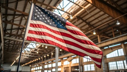 American Flag Hanging Inside Industrial Warehouse with Wooden Beams and Natural Light