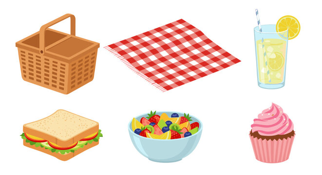 A picnic scene featuring a basket, blanket, drink, sandwich, fruit salad, and a cupcake item display