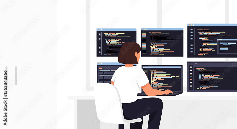 Poster female programmer surrounded by code screens, focused on laptop task.