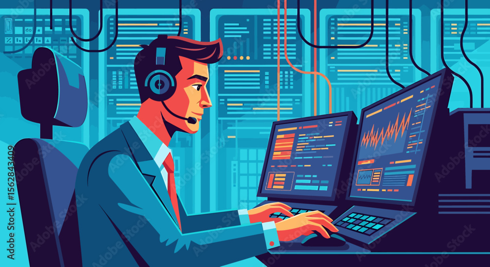 Aufkleber focused it professional monitoring data on dual screens in a server room